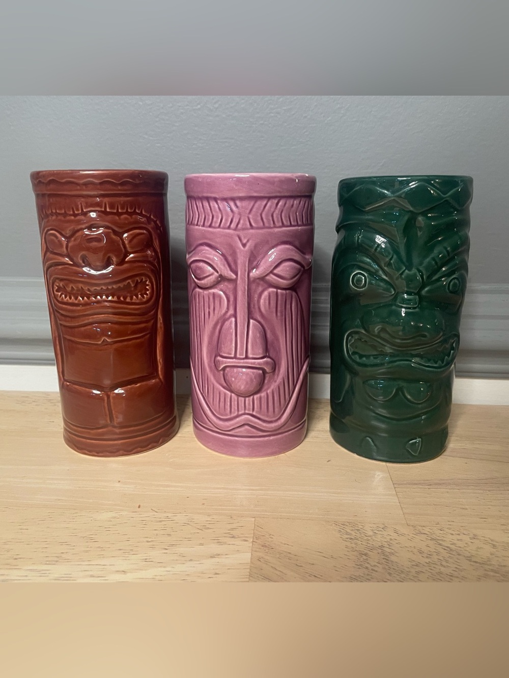 Set of 3 Tiki Ceramic Tumblers - Rust, Pink, Forest Green
